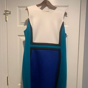 Calvin Klein colorblock blue/teal/white sheath scuba dress.
